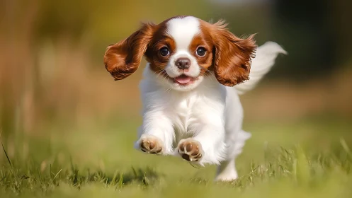 Playful spaniel puppy sprints across sunlit green field.