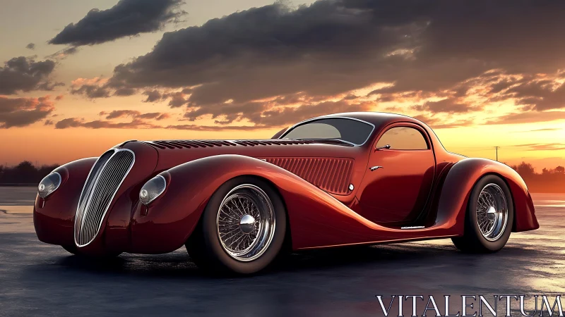 Sunset-slicked retro supercar poised on liquid asphalt.