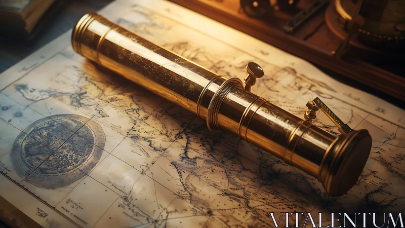 Golden spyglass lounges over a sea-stained voyager’s chart