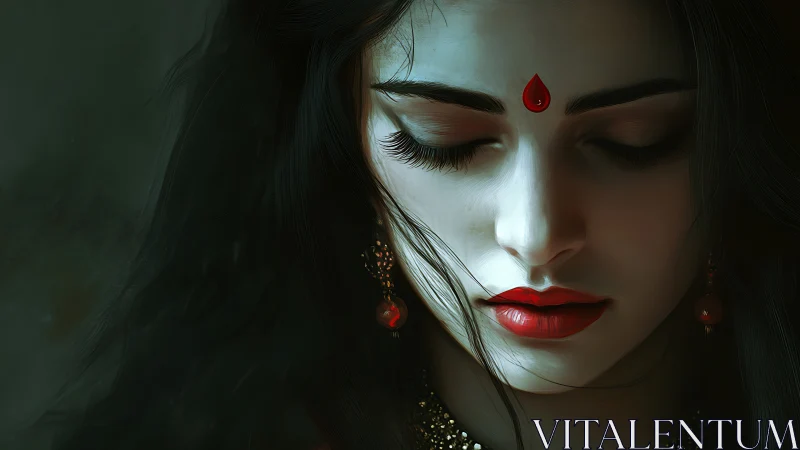 Digital portrait of meditative woman with red bindi and earrings