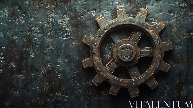 Rust-kissed iron cogwheel on weathered industrial wall.