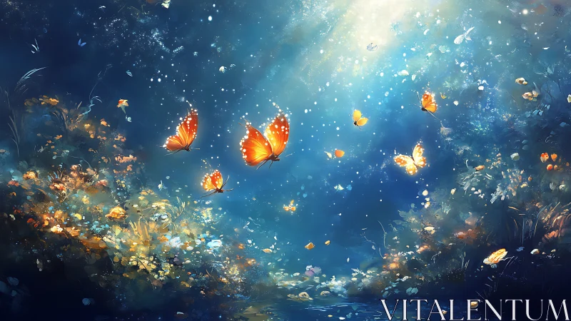 Glowing amber butterflies drift through an underwater dawn