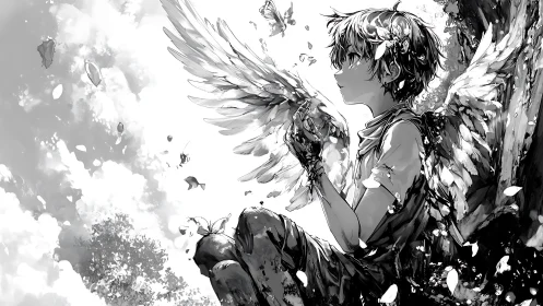Winged boy in monochrome dreamscape with drifting petals.