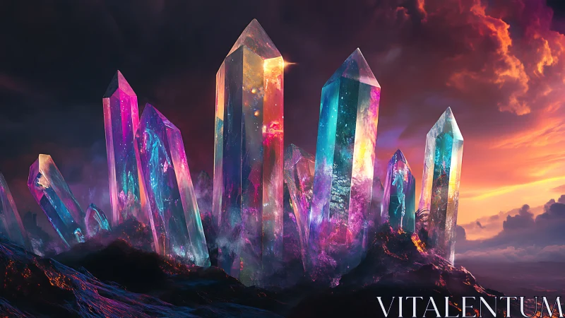 Spectral prismatic crystal spires under ionized sunset sky.
