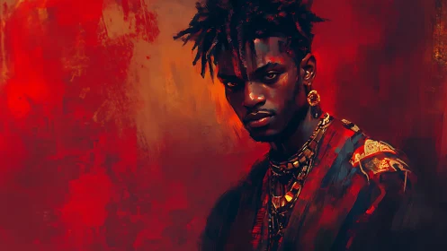 Chromatic portrait of regal figure in heat-soaked red field.