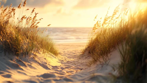 Golden-hour coastal dune passage channels light toward sea