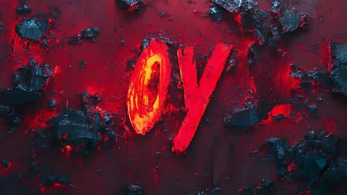 OY letters carved in glowing red lava textures on canvas.