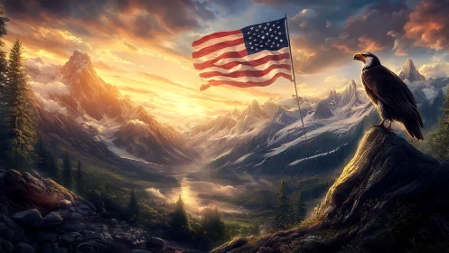 Digital landscape shows eagle, flag, and alpine mountain range