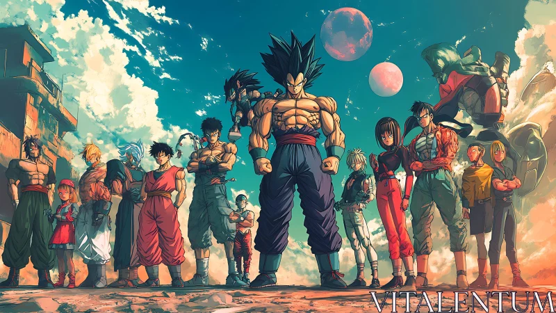 Epic anime battle ensemble stands beneath twin alien moons