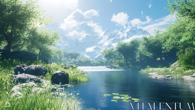 Mountain river flows through green valley toward distant peaks