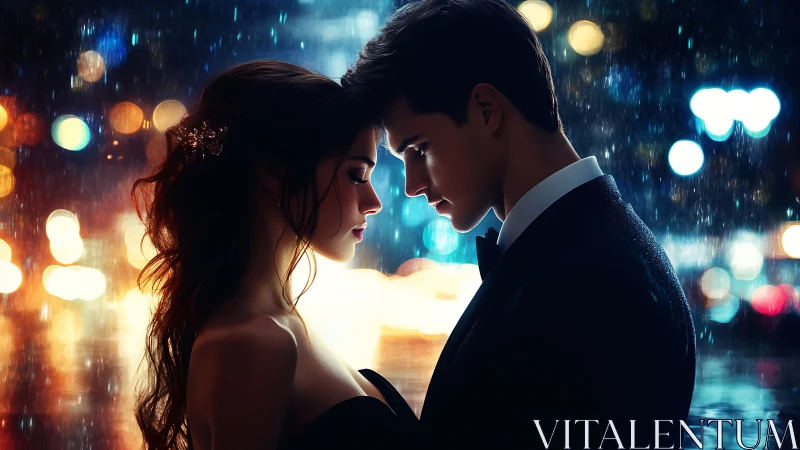 Couple in Rain: Intimate Moment Under City Lights.