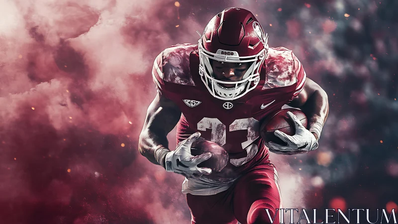 Dynamic American football runner framed by cinematic particle haze