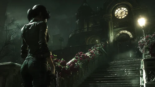 Armed woman confronts rainlit gothic mansion staircase at night.