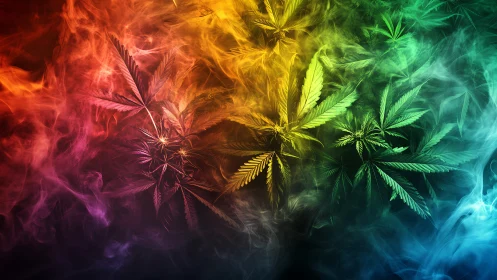Chromatic cannabis leaves immersed in dense multicolored vapor field