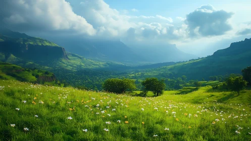 Soft morning light over a wildflower mountain valley.