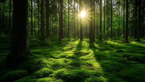 Sunlit Mossy Forest Floor with Tall Trees in Serene Morning Light.