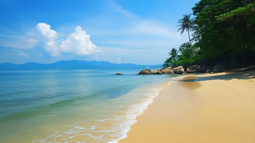 Coastal shoreline shows calm shallow surf, rock outcrop and tree canopy