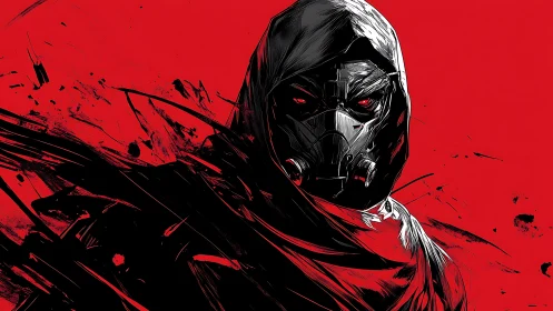 Hooded masked figure on red background with dark motion trails.