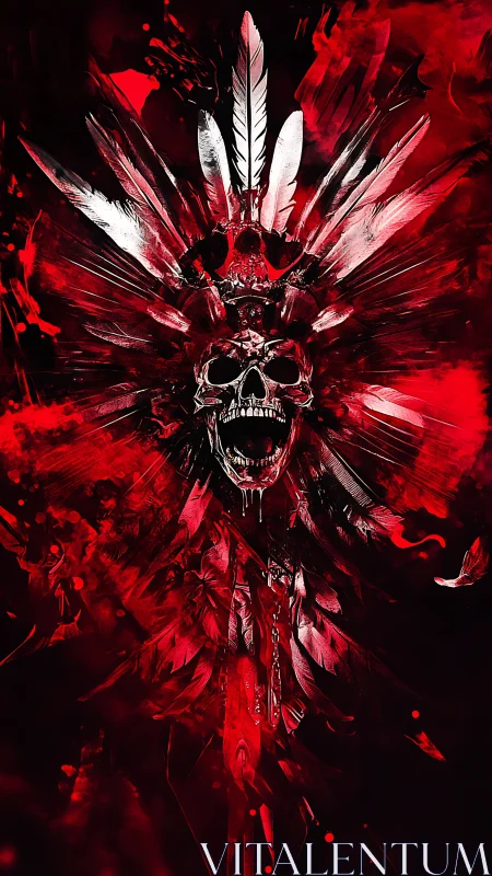Skull with feathered headdress in red abstract composition.