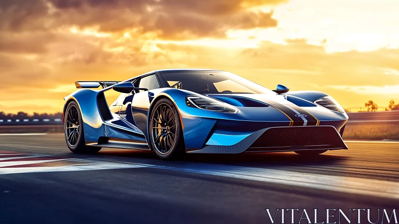 Aerodynamic blue supercar accelerates along sunset racetrack