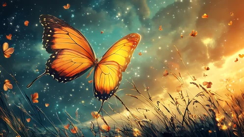 Golden butterfly soaring over glowing twilight meadow.