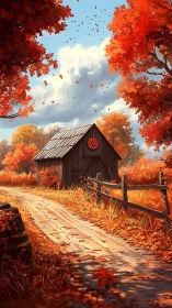 Rustic wooden shed stands beside curved autumn dirt road