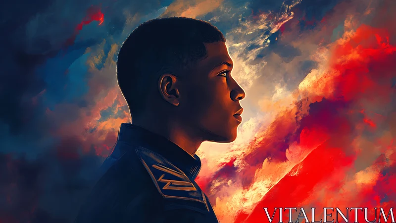 Young officer profile against vivid storm sky glows bright