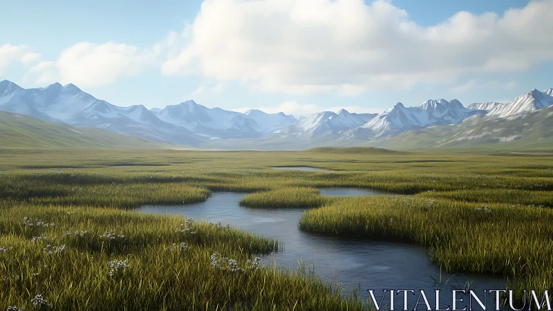 Subalpine wetland meadow with meandering meltwater stream