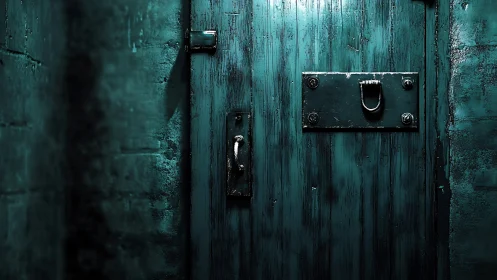 Weathered teal door glowing in a quiet, secretive hallway.