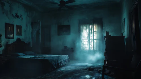 Moody abandoned bedroom interior with fog and backlit window