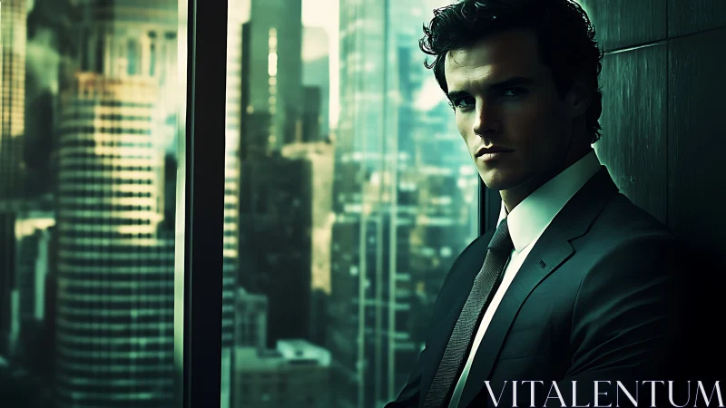 Corporate silhouette in teal-lit metropolitan high-rise interior.