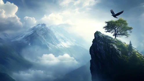 Eagle soars above lone cliff tree in misty alpine light.