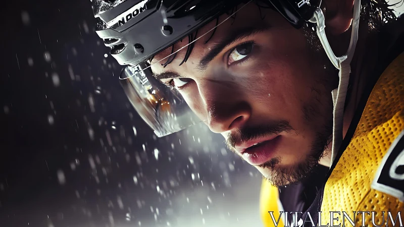 Intense close-up of ice hockey player under cinematic rain lighting