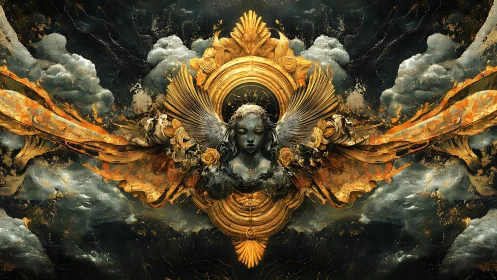 Gilded storm angel carves a radiant path through dusk skies