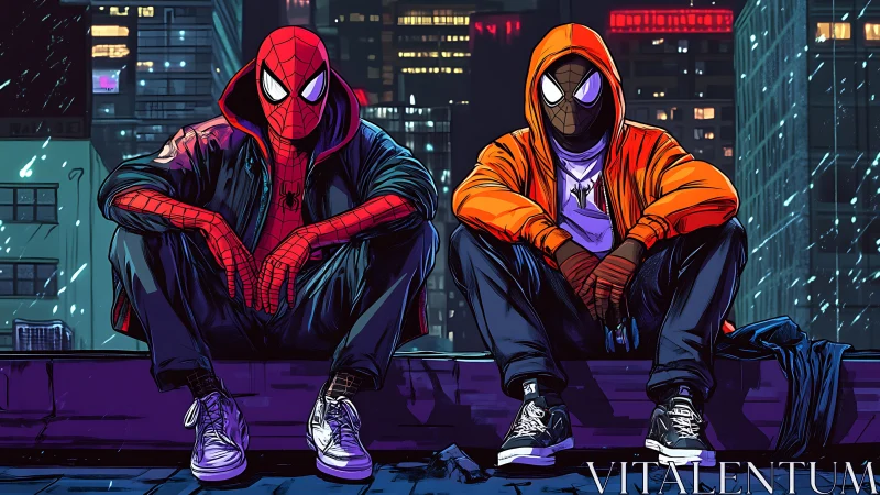 Two masked superheroes sit on rooftop ledge in rainy city