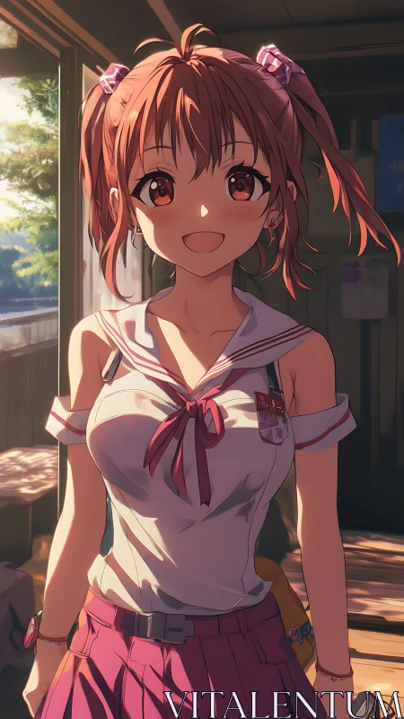 Smiling anime schoolgirl in sunlit classroom interior.