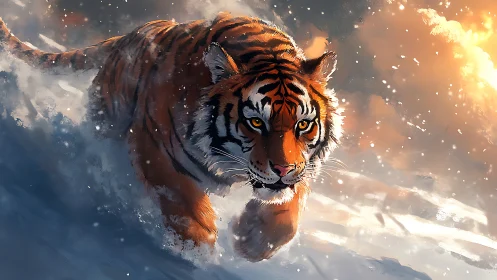 Kinetic snowfield tiger rendered in high-luminance digital pigment.