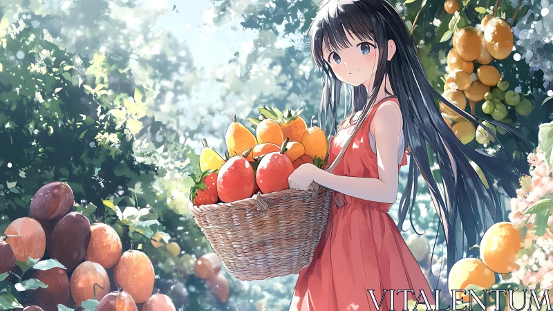 Anime girl holding fruit basket in sunlit orchard scene.