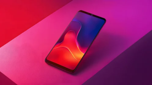 Modern smartphone on vibrant geometric background, digital art style.