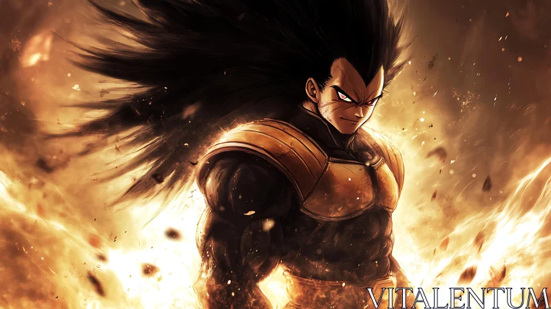 Saiyan warrior amid blazing golden inferno, power surging.