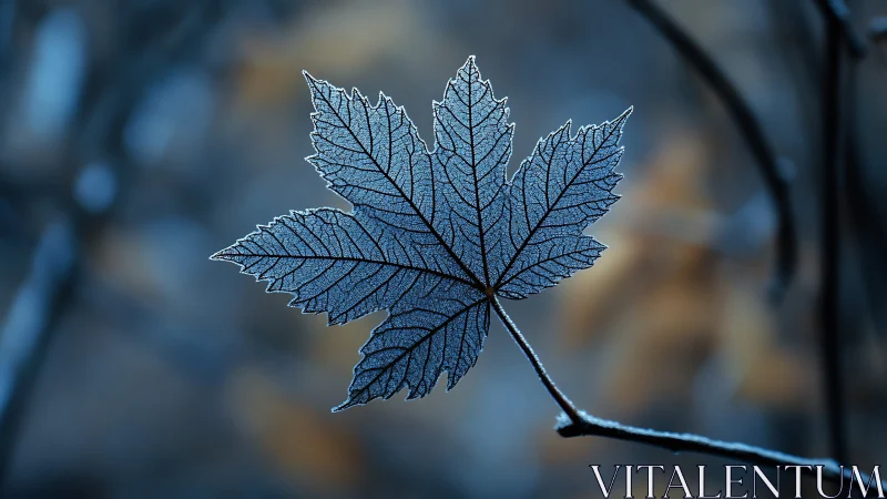 Frosted maple leaf glows softly against a blurred blue forest.
