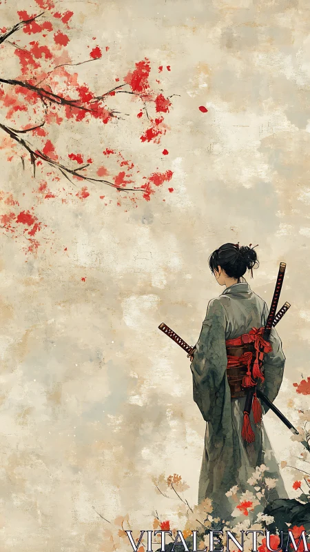 Solitary samurai under diffuse maple canopy in muted autumn field.