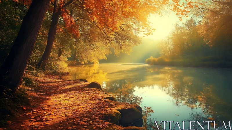 Golden autumn riverbank glows in soft, misty sunrise light