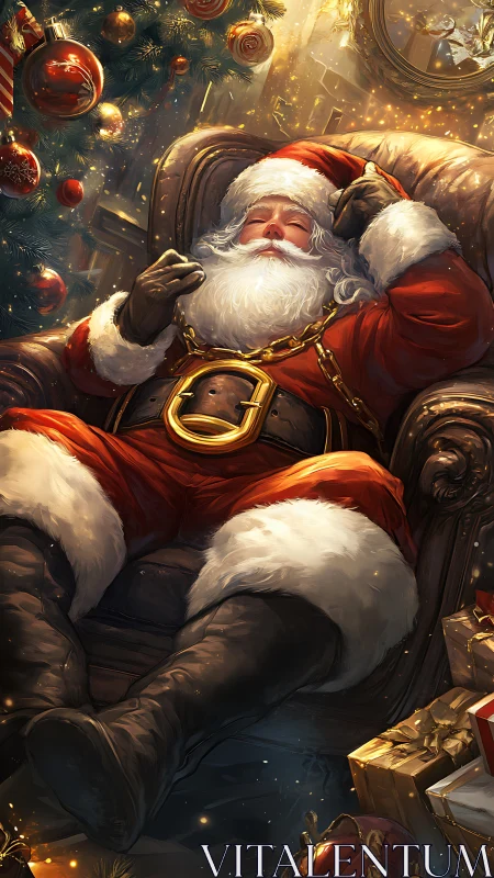 Santa figure resting in armchair near decorated tree.