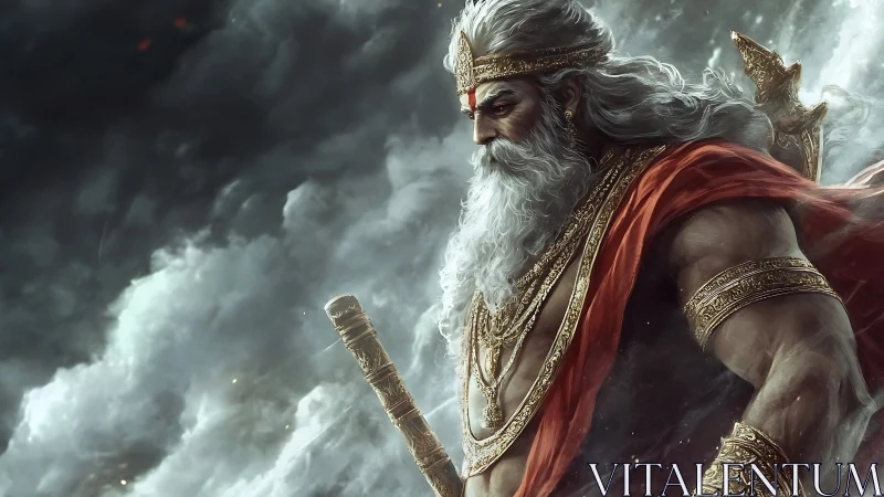 Digital painting of mythic warrior king in storm clouds.