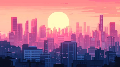 Neon pixel skyline under saturated sunset gradient glow.