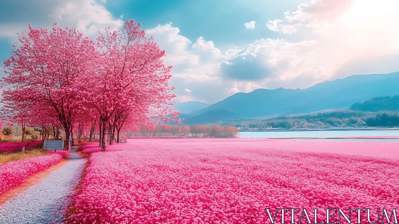 Dreamlike pink meadow stretches toward tranquil lakeside mountains.