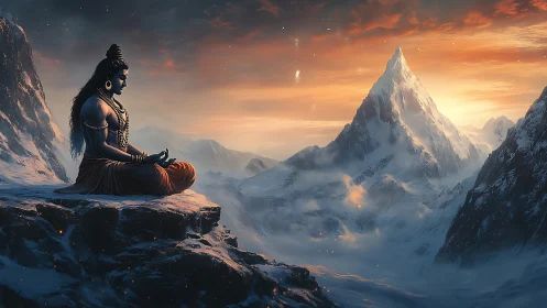 Divine ascetic meditating on glacial ridge at incandescent dawn.