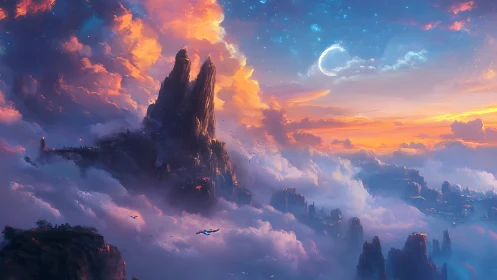 Dreamlike sky kingdom floating above glowing sunset clouds.