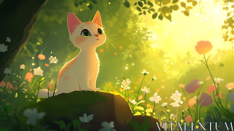 Cat in sunlit meadow with flowers and green foliage